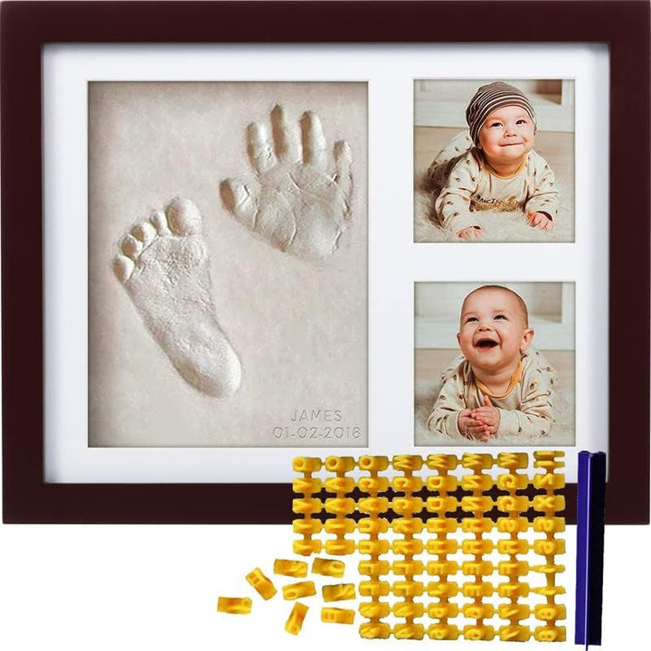 Baby Handprint & Footprint Kit (Date & Name Stamp) Clay Hand Print Picture Frame for Newborn - Best New Mom Gift - Foot Impression Photo Keepsake for Girl & Boy - White Feet Imprint Mold