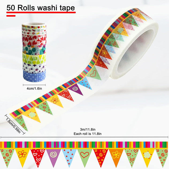 50 Rolls Cute Washi Tape Set for Journaling, 15Mm Wide Translucent Writable Decorative Adhesive Tape for Bullet Scrapbook Book Planner Crafts, Strong Adhensive, Easy to Tear & Cut