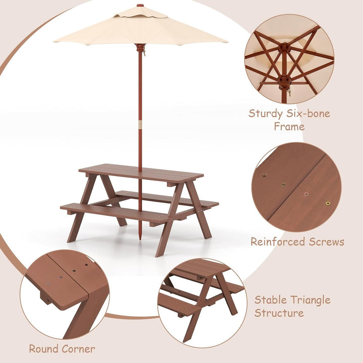 Kids Picnic Table, Outdoor Toddler Wooden Table and Chair Set with Removable Umbrella, Children Activity Furniture Bench Set for Patio Garden Backyard