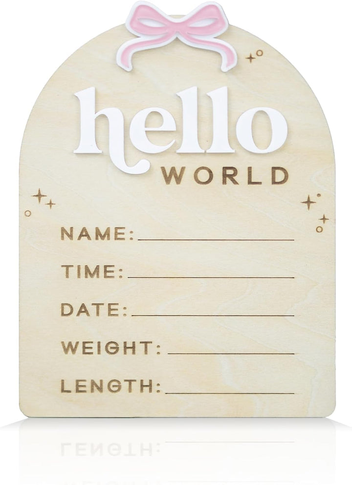 Baby Announcement Sign 6.5 Inch Wooden Hello World Newborn Welcome Sign Birth Baby Name Plaques for Photo Props Baby Shower Hospital Nursery (BOW CUT)