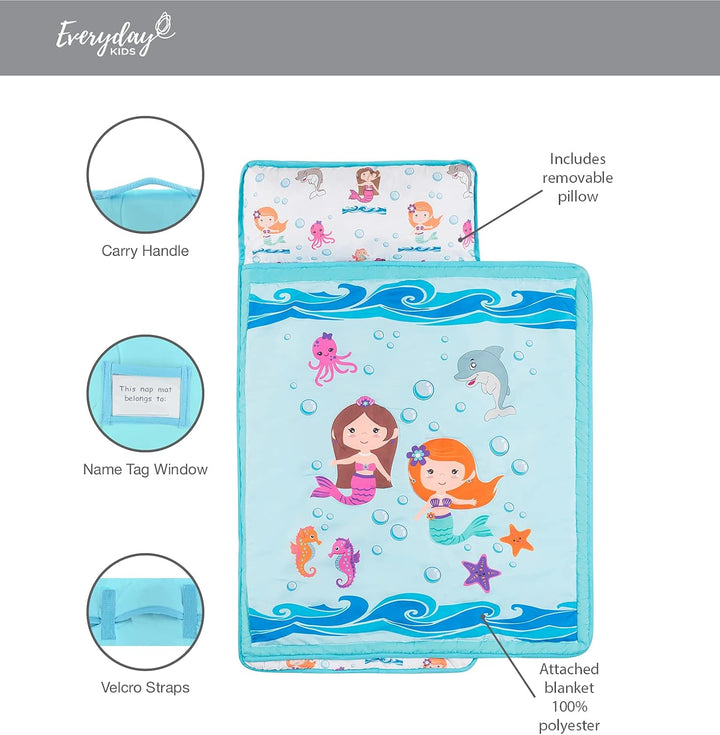 Toddler Nap Mat with Removable Pillow -Underwater Mermaids- Carry Handle with Fastening Straps Closure, Rollup Design, Soft Microfiber for Preschool, Daycare Sleeping Bag, Ages 2-6 Years