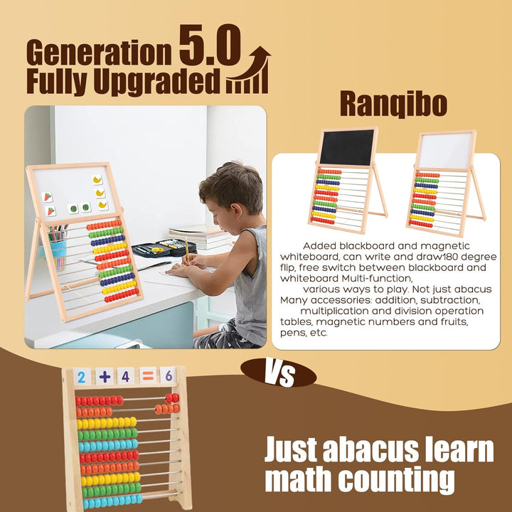 Wooden Abacus for Kids Math - Double-Sided Blackboard Whiteboard Magnetic Abacus for Toddlers 1-3 with 100 Magnetic Number & Fruit Stickers - Educational Counting Games Kids Gift