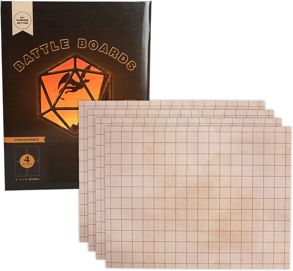 Battle Mat with Grid for Dungeons Role Playing Tabletop Dragons Game - 4 Pack Dry Erase Battle Boards, Non-Skid Back (17X13 Inches Each Makes 34X26 Board)