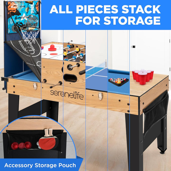 48" 6-In-1 Multi Game Table, Full-Size Indoor and Outdoor Arcade Sports Table with Pool, Air Hockey, Foosball, Basketball, Table Tennis, Dining Table, for Family, Kids, Adults