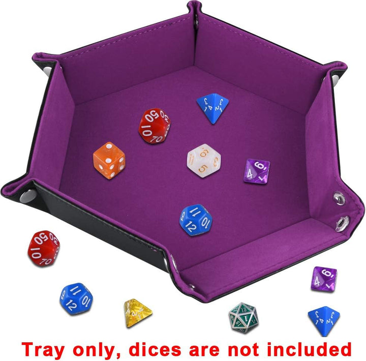 Double Sided Dice Tray, Folding Hexagon PU Leather and Velvet Dice Holder for Dungeons and Dragons RPG Dice Gaming D&D and Other Table Games, Dark Violet