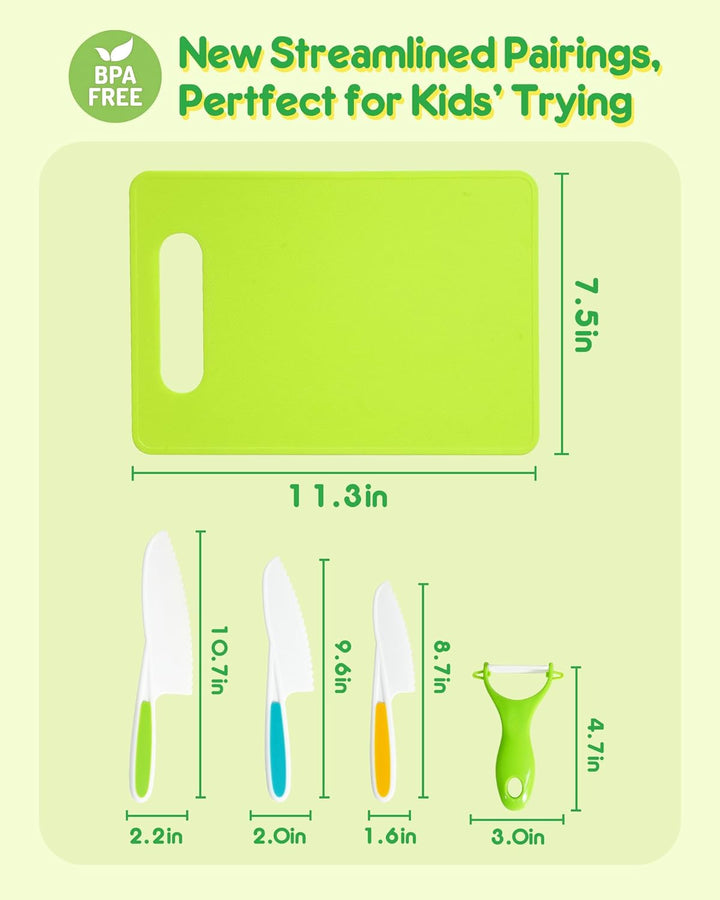 Kids Knife Set, 5 Pcs Montessori Kitchen Tools for Toddlers' Real Cooking, BPA Free Kids Safe Kitchen Cooking and Baking Set with Peeler, Cutting Board for Sandwich Bread Vegetable Fruit Present Gift