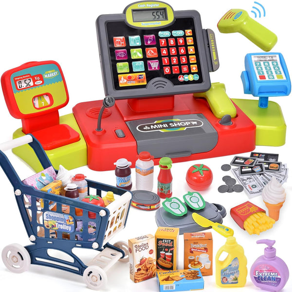 Kids Cash Register Toy Pretend Play with Real Calculator Sound Scanner/Shopping Cart/Food/Play Money, Learning Counter Grocery Store Playset Toys Gift for Kid Boy Girl Age 3 4 5 6 7 8 Years Old