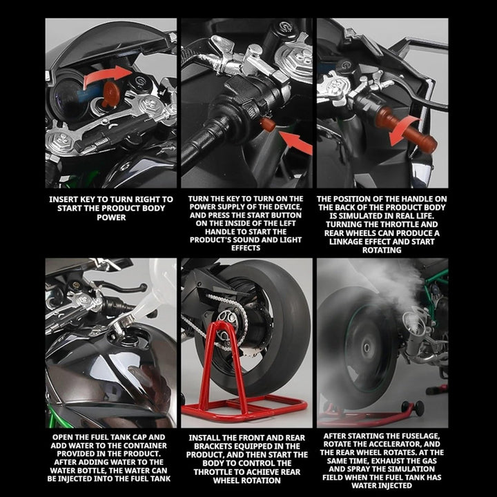 1/6 Scale H2R Alloy Diecast Motorcycle with Sound & Light, High-Gloss Spray Finish, Premium Rubber Tires – Detailed Collectible Gift with Racing-Inspired Design (A-Black)