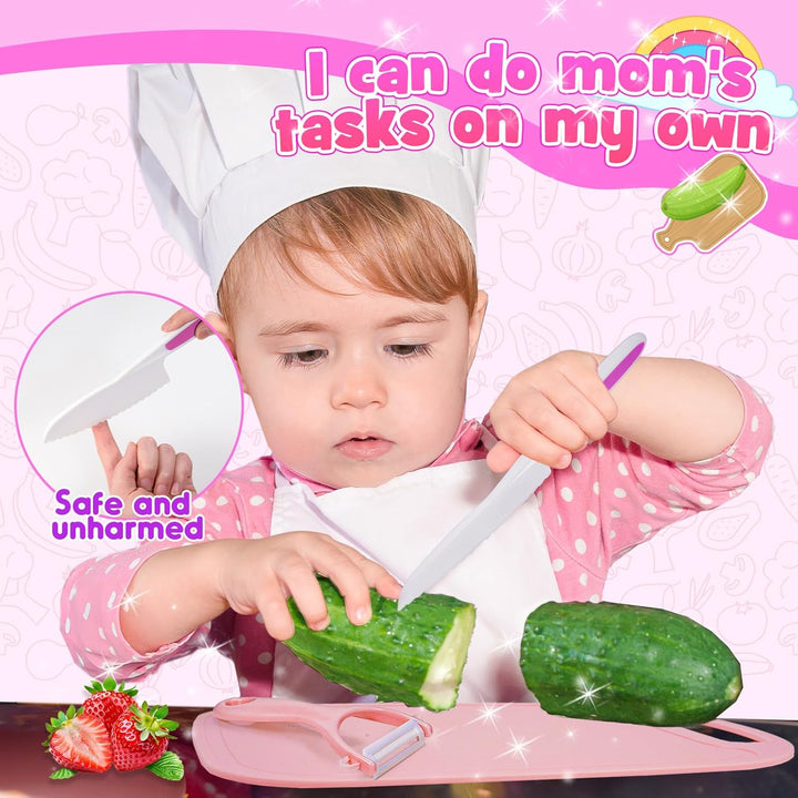 Kids Kitchen Knife Set for Real Cooking & Basket,Montessori Toys for 3 4 5 6 7 8 9 10 Year Old Girls Birthday Gifts, Toddler Knife Set, Toddler Kitchen Tools