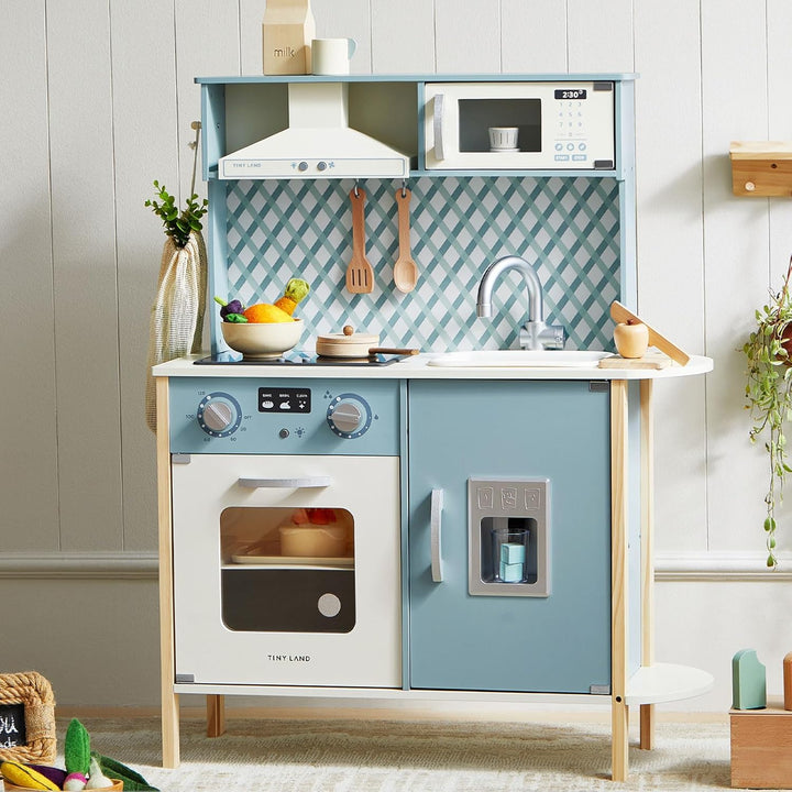 Play Kitchen for Kids, Wooden Kids Play Kitchen Playset Chef Pretend Play Set for Toddlers with Real Lights & Sounds, Toys Kitchen with 18 Pcs Toy Food & Cookware Accessories