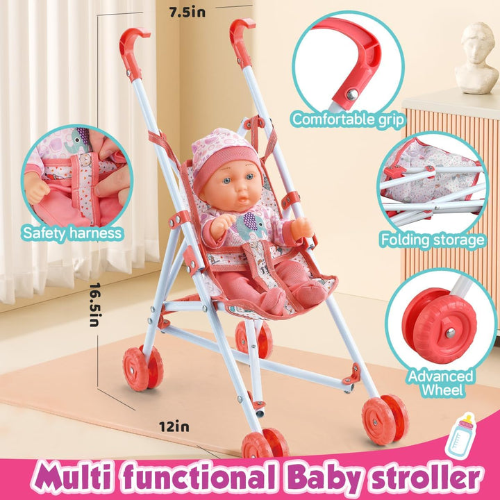 Baby Doll Crib and Stroller Accessories Play Set with 11" Baby Doll,Dining Chair,24 PCS Dolls Accessories and 2 Sets Clothes,Realistic Pretend Play for Girls Kids 3-5 4-6 5-7 Year Gifts