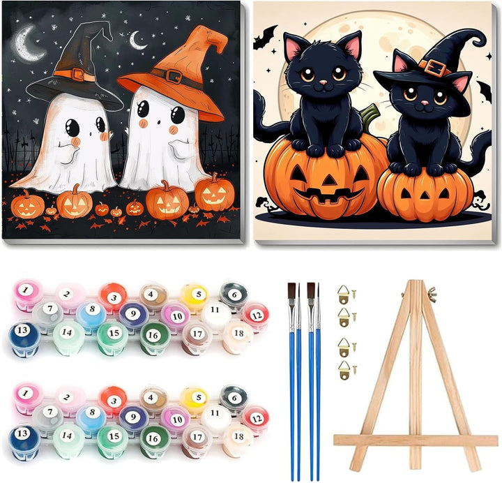 2 Pack Paint by Numbers Kit for Kids with Frame-Wooden Easel, Halloween Paint by Numbers for Kids Ages 4 8 12, Easy Halloween Acrylic Oil Painting Kits for Home Wall Decoration 8X8 Inch
