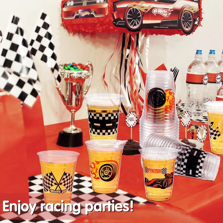 50 Race Car Birthday Party Decorations, 12Oz Checkered Flag Racing Party Disposable Plastic Cups for Boys Fast One Two Birthday Car Party Favors Supplies