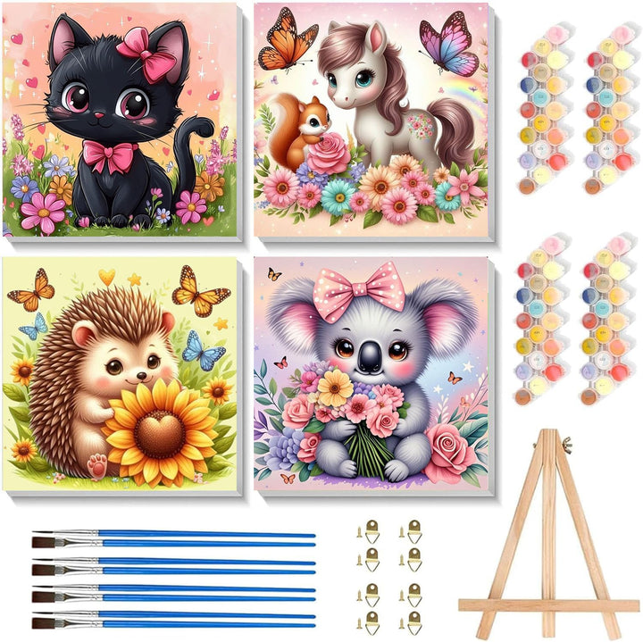 4 Pack Paint by Numbers Kit for Kids with Frame - Wooden Easel, Flowers Paint by Numbers for Kids Ages 4 8 12, Easy Flower Acrylic Oil Painting Kits for Home Wall Decoration 8X8 Inch