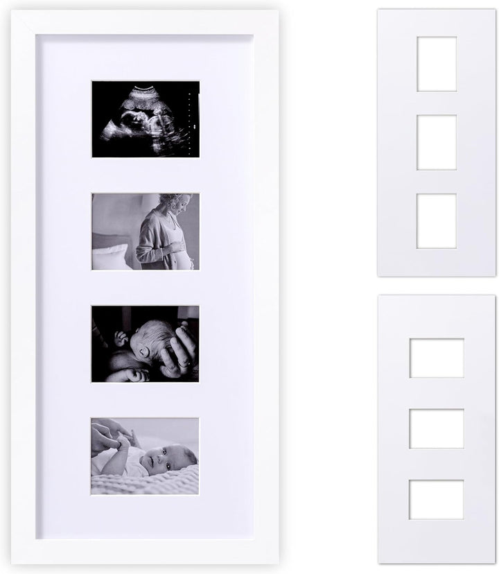 Ultrasound Picture Frame with Real Glass Cover and 3 Different Mats, 7X7 Baby Keepsake Frame for 3X4 Inches Sonogram Photo, Wall Mount or Tabletop Display, Pregnancy Announcement, White