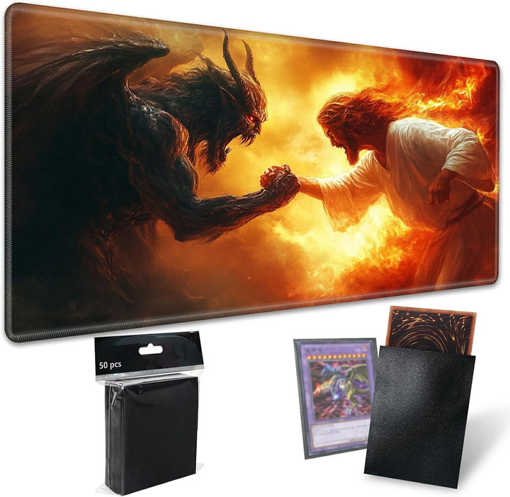 TCG Playmat Board Game Mat plus 50 Pcs Card Sleeves, 24 X 14 Table Mats Game Mousepad with Soft Surface Non-Slip Base for MTG RPG CCG Trading Card Game Playmats, Green Frog