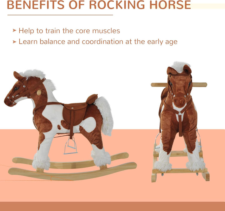 Wooden Toddler Rocking Horse, Kids Plush Ride on Horse Toy Animal Rocker with Nursery Rhyme Music Brown