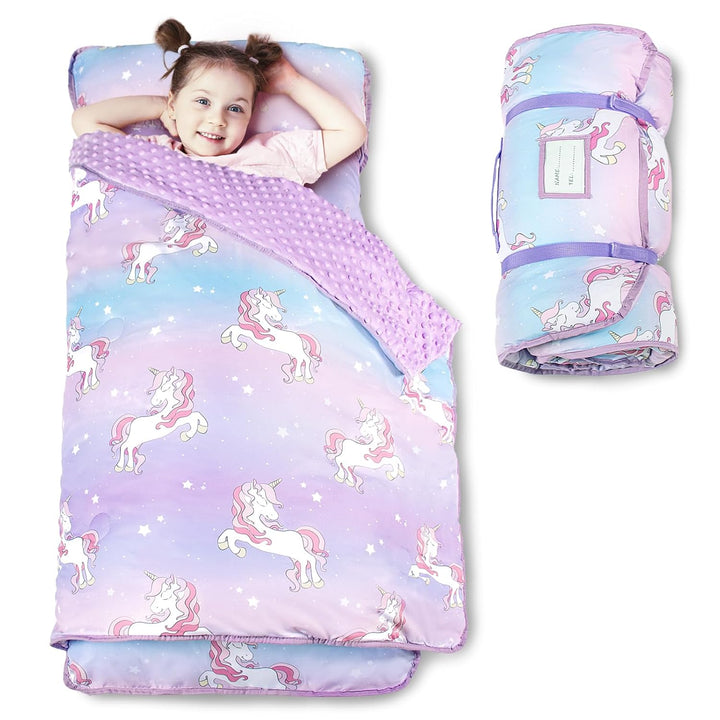 Toddler Nap Mat with Pillow and Minky Blanket, Large 55"X35" Sleeping Bag, Washable, Lightweight, Easy to Roll, Perfect for Preschool, Daycare, Kindergarten, Travel, Boys and Girls(Hearts)