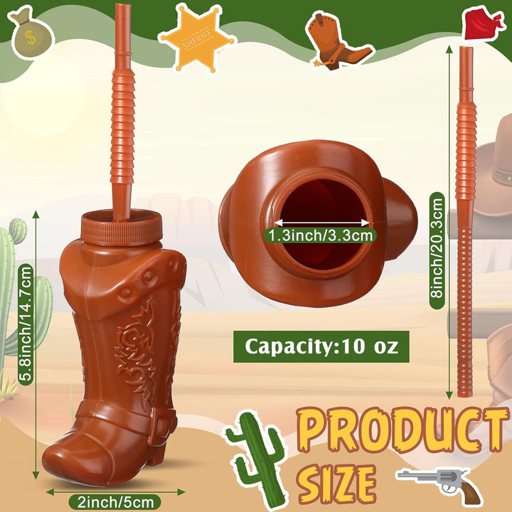 12 Pcs 10 Oz Plastic Cowboy Boot Cups with Straws and Lids Plastic Cowboy Cups for Western Themed Party Supplies and Rodeo Party Decorations (Brown)