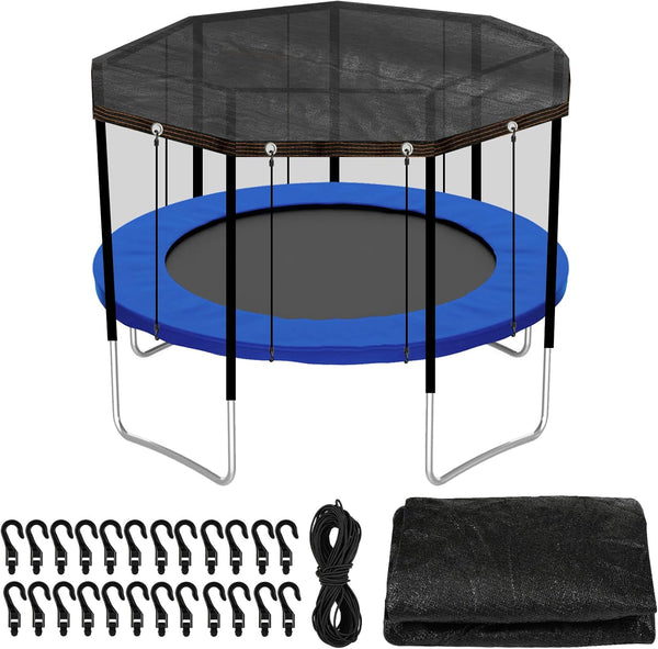 Trampoline Cover Black round 90% Sunblock Shade Cloth 12FT Trampoline Top Shade Cover Sun Shade Mesh Tarp with Elastic Cord Plastic Hooks for Outdoor Backyard Playground Accessories, Tent Only