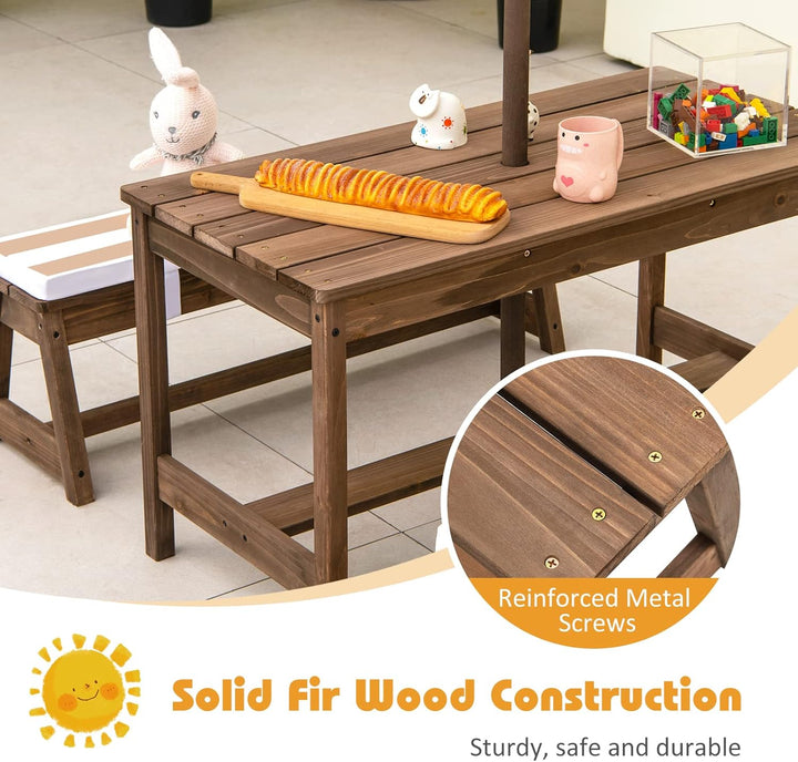 Kids Picnic Table, Toddler Wood Table & Chair Set W/Cushions, Height Adjustable Umbrella, Children Activity Table Outdoor Furniture Set for Patio, Garden, Backyard, Gift for Ages 3-8 (Coffee)