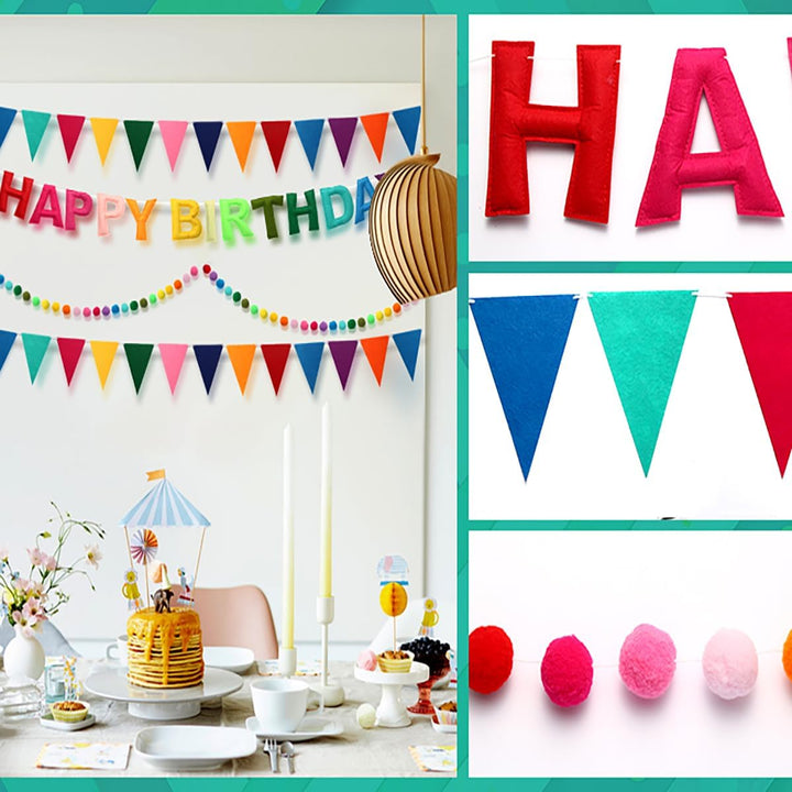 Pre-Strung Happy Birthday Banner - Felt Ball Garland HAPPY BIRTHDAY Pennant, Multicolor Bunting String Triangle Flags Bulk Rainbow Bunting