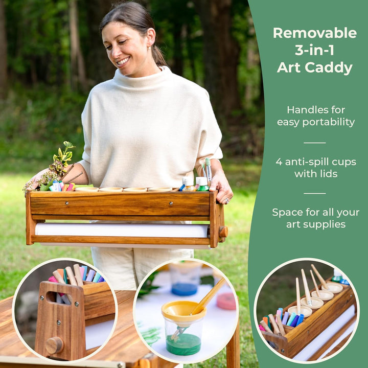 Acadia Outdoor Art Table and Stool Set: Kids Acacia Wood Arts and Crafts Table W/ 2 Chairs, Mobile Storage Paper Roll, and Paint Cups for Drawing, Painting and Toddler Picnic Activities