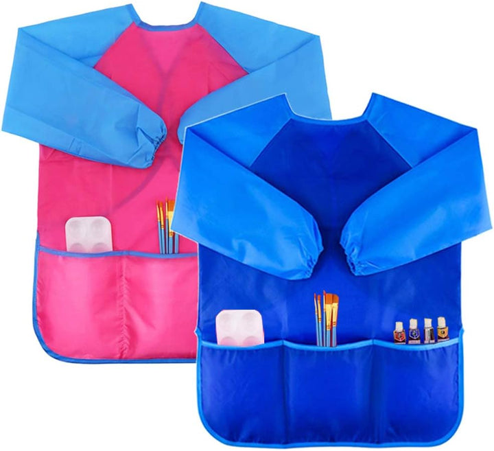 2 Pack Kids Art Smock Colorful Waterproof Children Art Aprons Artist Painting Aprons with Long Sleeve 3 Roomy Pockets for Age 3-7 Years,Yellow and Blue