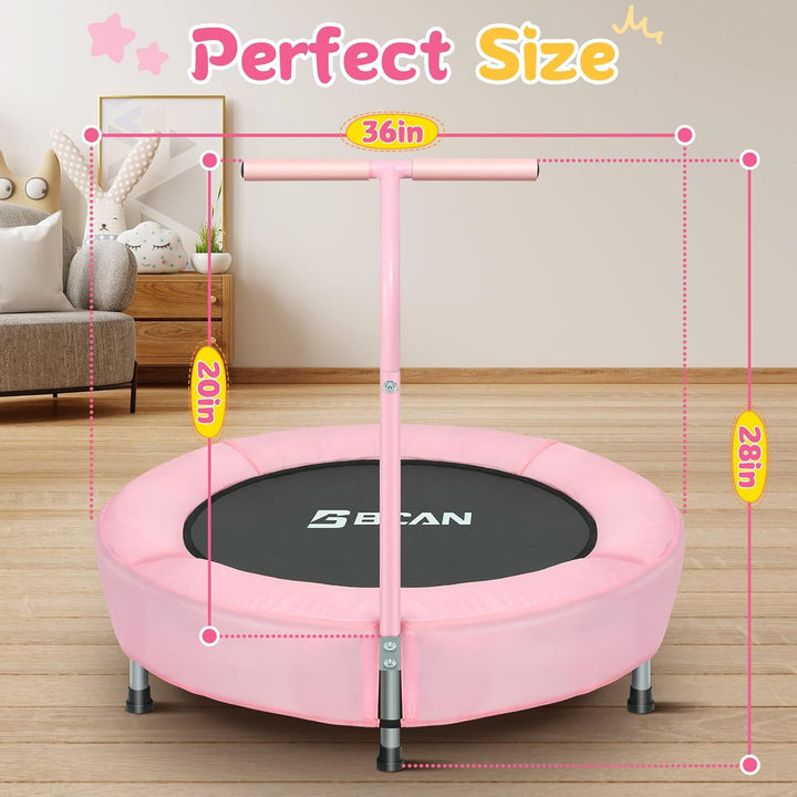 36'' Mini Folding Ages 2 to 5 Toddler Trampoline with Handle for Kids, Two Ways to Assemble the Handle, Indoor/Garden Toddlers Trampoline with Super Safe Cover for Toddlers
