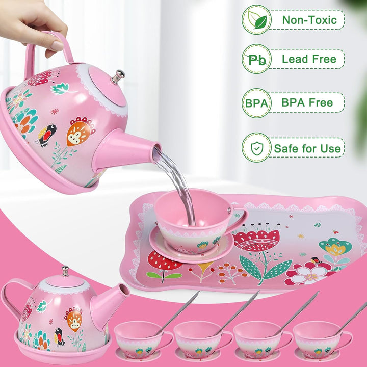 Tea Party Set for Little Girls, Princess Tea Time Toy Including Dessert,Cookies,Doughnut,Teapot Tray Cake, Tablecloth & Carrying Case,Kids Kitchen Pretend Play for Girls Boys Age 3-6