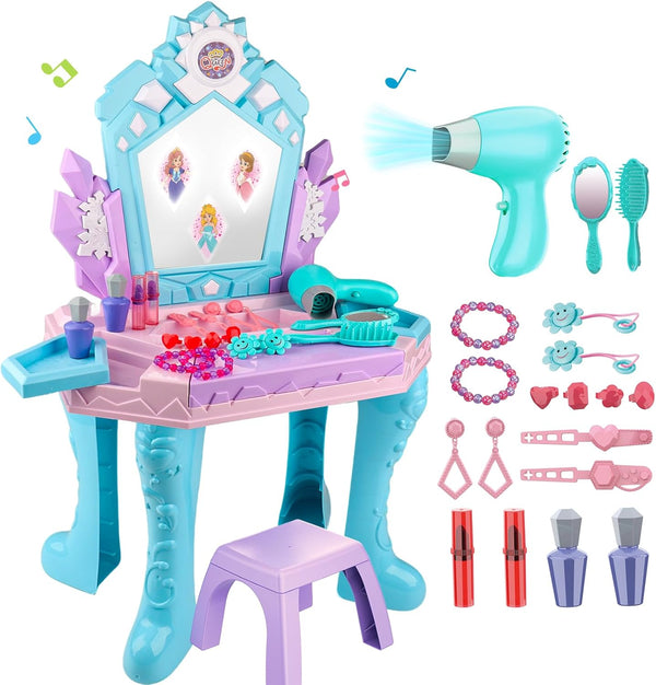 Kids Vanity Magic Makeup Table and Chair Set Girl Toys Mirror with Music Light Frozen Toys for 2 3 4 5 6 Year Old Girls Hair Salon Pretend Play Princess Dress up Playset Gift Toddler 1-3 3-5