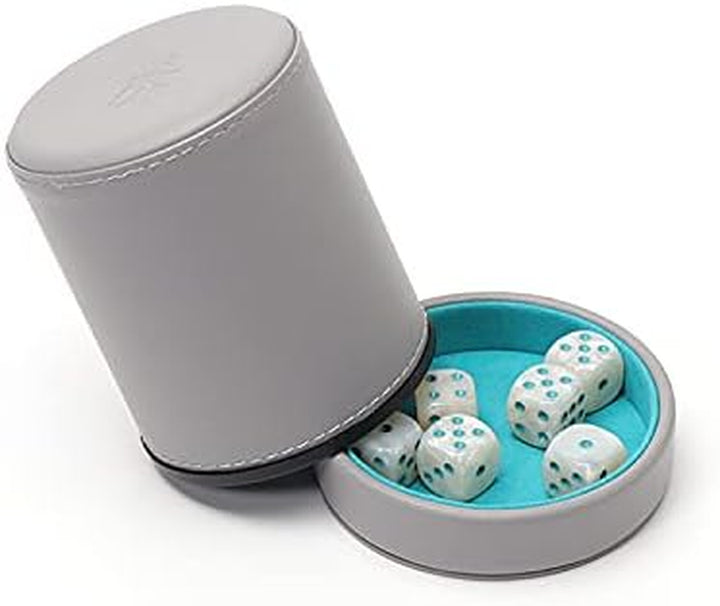 Grey Leather Dice Cup with Lid Including 6 Matching Pearl Dice - Teal Velvet Interior for Quiet Shaking - Use for Liars Dice Farkle Yahtzee Board Games, Grey