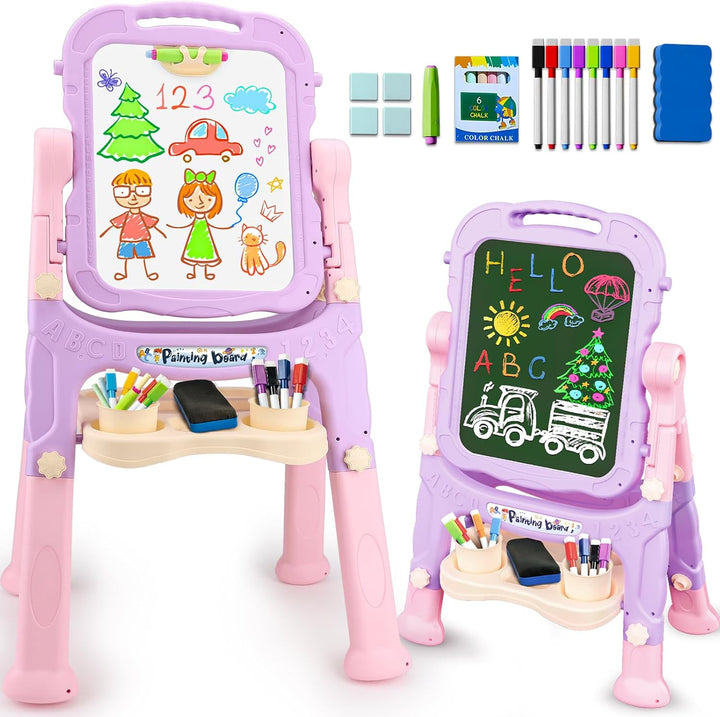 Kids Easel for Toddlers Age 2-4 Art Magnetic White Board & Chalkboard Double Side Adjustable Stand Drawing Writing Learning Educational Toy for 2 3 4 Year Boys Girl Birthday Gifts