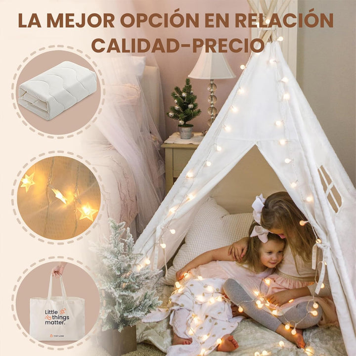Teepee Tent for Kids – 100% Cotton Play Tent with Padded Mat & Star Lights, Foldable with Carry Bag, Indoor Play Tent for Girls & Boys