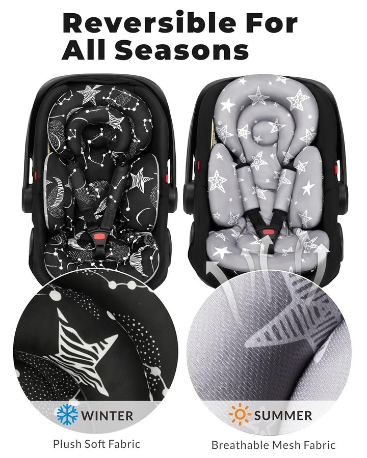 Infant Car Seat Insert with Extra Cushion for Preemie to Toddler, Reversible Newborn Carseat Insert Head Support, Fits for Stroller, Baby Swing, Rocker, Bassinets, Bouncer (Black Star)