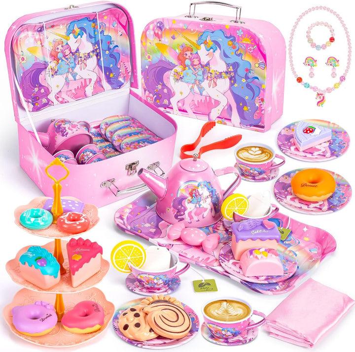 Frozen Tea Party Set for Little Girls, Princess Gift Toy, Kids Pretend Play Tin Tea Set with Teapot, Tea Cups, Food Playset & Carrying Case, Birthday for Girls Age 3+