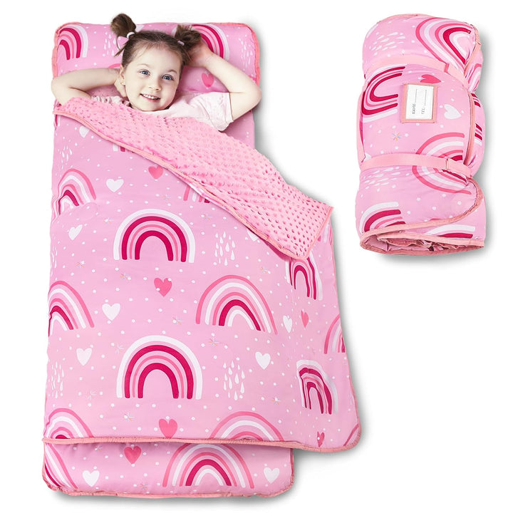 Toddler Nap Mat with Pillow and Minky Blanket, Large 55"X35" Sleeping Bag, Washable, Lightweight, Easy to Roll, Perfect for Preschool, Daycare, Kindergarten, Travel, Boys and Girls(Hearts)