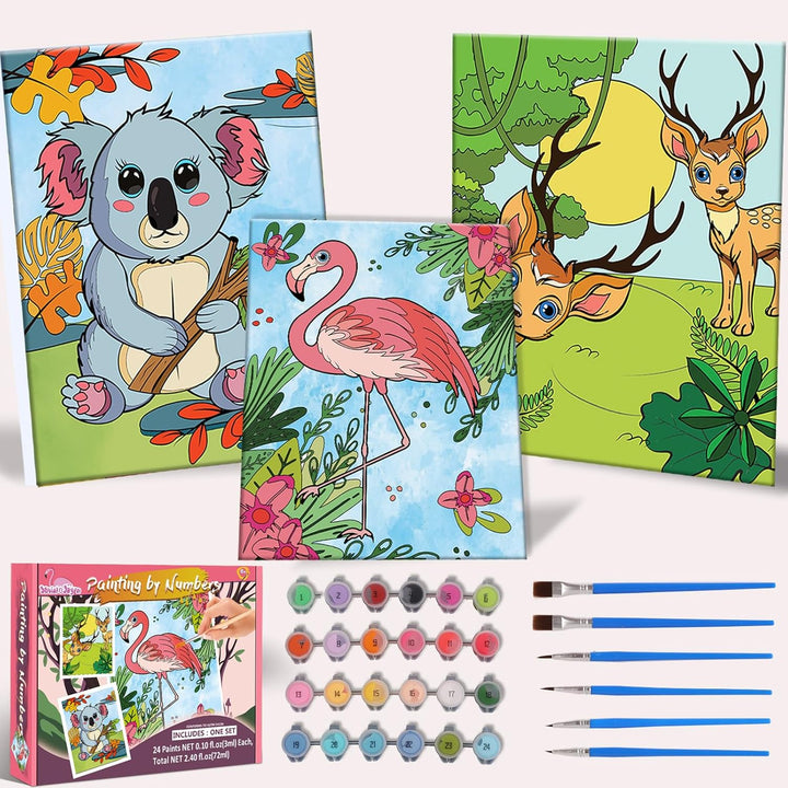 Paint-By-Numbers Kit - 3 Pack Framed Canvas, 24X3Ml Acrylic Paints, 6 Brushes, Predrawn Canvas, Art Set for Teens & Kids