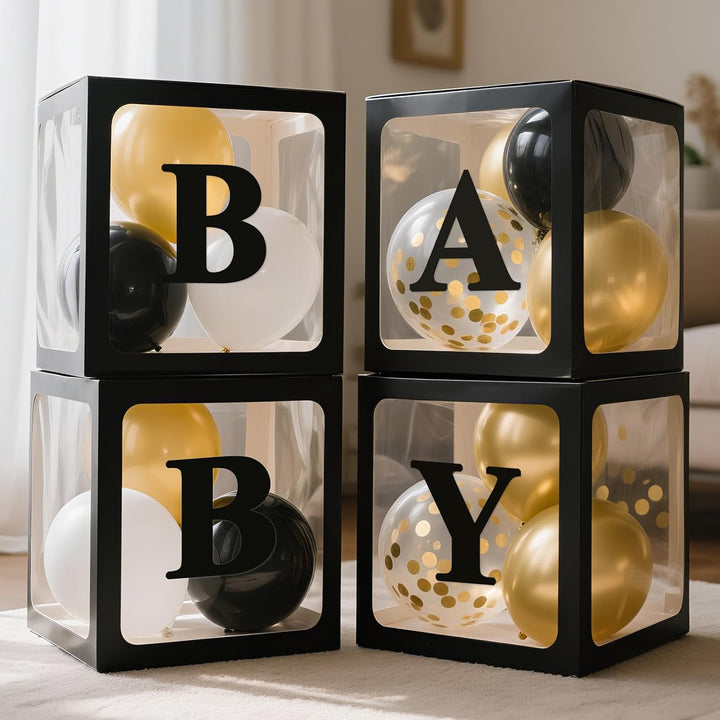 Baby Boxes with Letters for Baby Shower Decorations, 4 Pcs Clear Baby Balloon Boxes Blocks Decor with LED Fairy String Lights for Boy Girl Gender Reveal Decorations Backdrop Party (White)