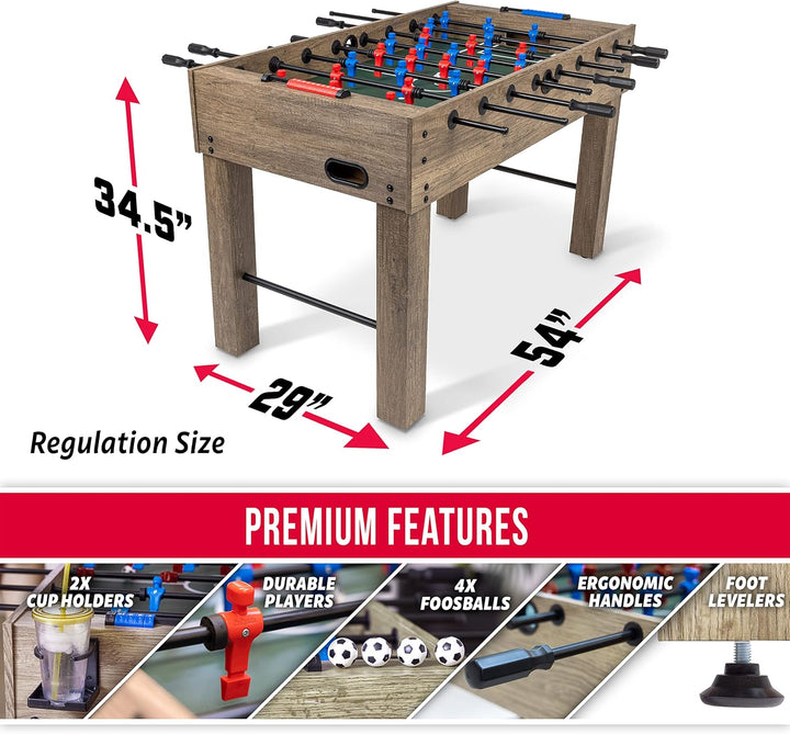 54 Inch Full Size Foosball Table - Black, Oak, or White - Includes 4 Balls and 2 Cup Holders