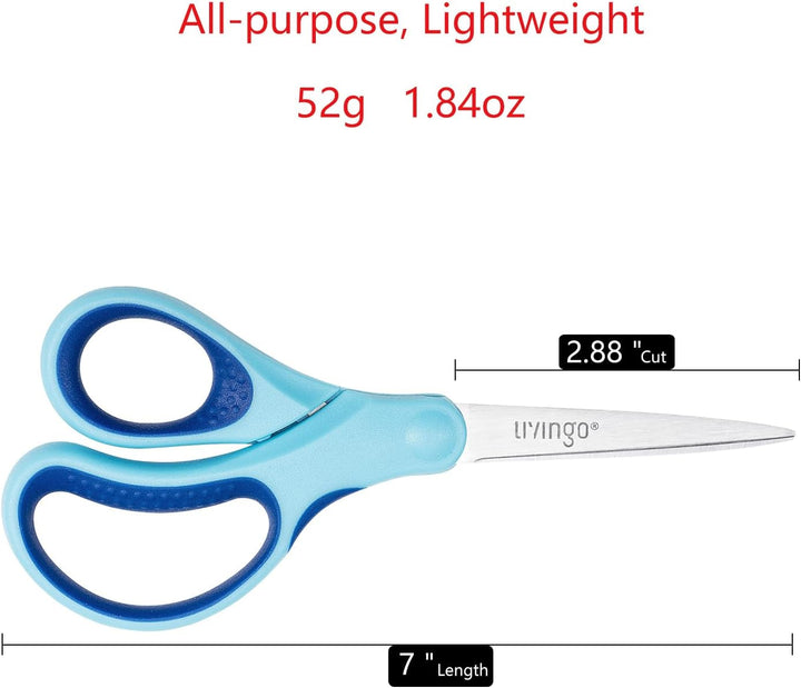 Student Scissors for School: 7 Inch 3 Pack Sharp Pointed Tip Teacher Scissors for Kids Middle High School College Classroom Craft, Comfortable Grip, Right Left Handed, Blue, Green, Yellow