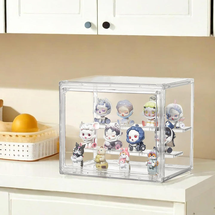 Clear Acrylic Display Case,2 Pack 3 Tier Adjustable Display Box Stand with 2 Movable Plates, Small Showcase Magnetic Door for Mini Action Figures Collectibles (Small