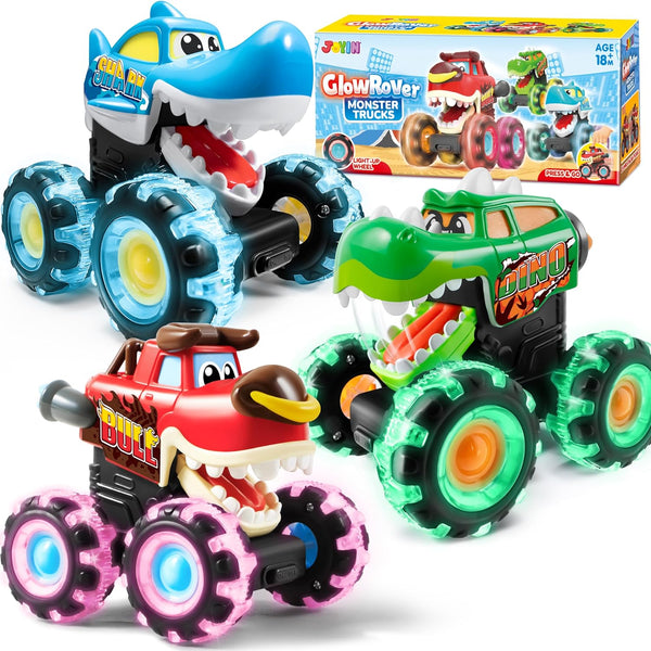 3 Pack Monster Truck Toy - Motion Activated Light-Up Cars for Toddlers - Monster Treads Lightning Wheels - Baby Toy Present - Press & Go Cars for Boys Girls Birthday Gifts