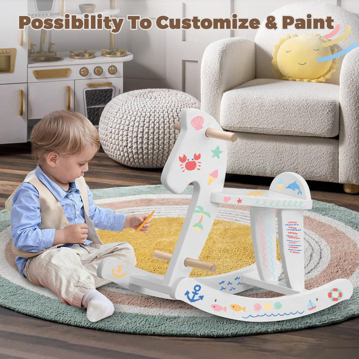- Wooden Rocking Horse, Baby Wooden Ride on Toys for 12M+, White Rocker Toy with Removable Fence, Toddler Riding Toy Indoor/Outdoor, Nursery Birthday Gift