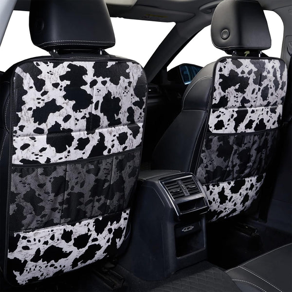 Cow Print Car Seat Back Kick Protectors,2 Pack Kick Mats with Storage Pockets,Car Accessorise(Cow Print)
