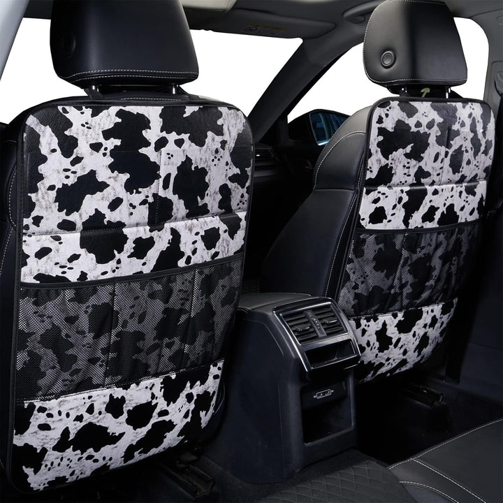 Cow Print Car Seat Back Kick Protectors,2 Pack Kick Mats with Storage Pockets,Car Accessorise(Cow Print)