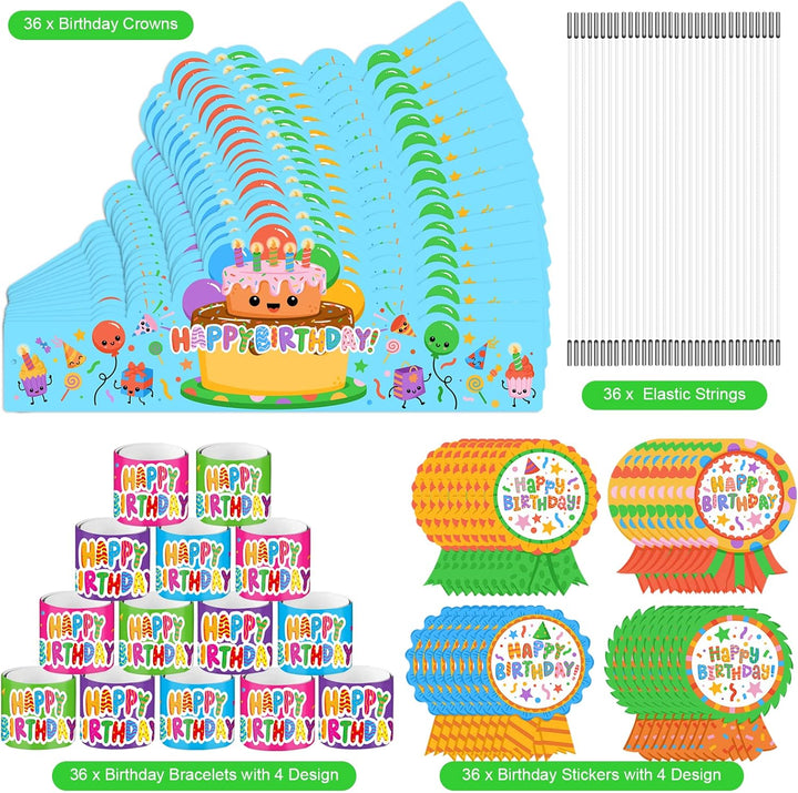 108 Pcs Birthday Crowns Party Hats for Kids Classroom, Include Happy Birthday Badge Stickers, Elastic Band and Slap Bracelet