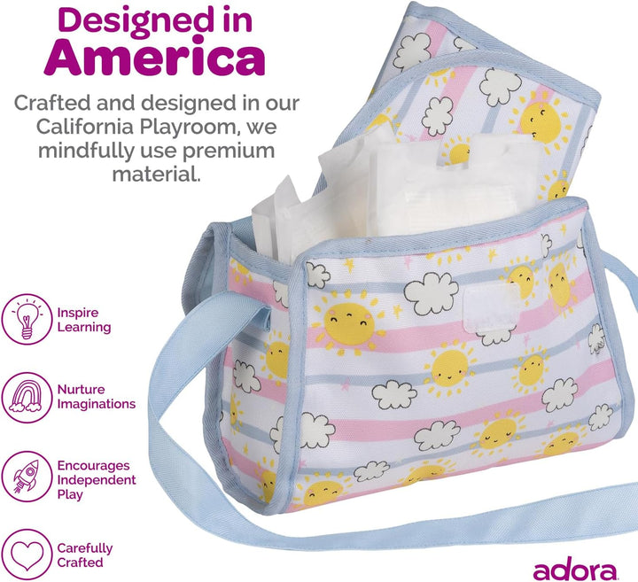 Baby Doll Diaper Bag with Color Changing Design, Sturdy Straps, Includes Changing Mat and 2 Doll Diapers (Fits 13" Dolls), Birthday Gift for Ages 3+ - Sunny Days