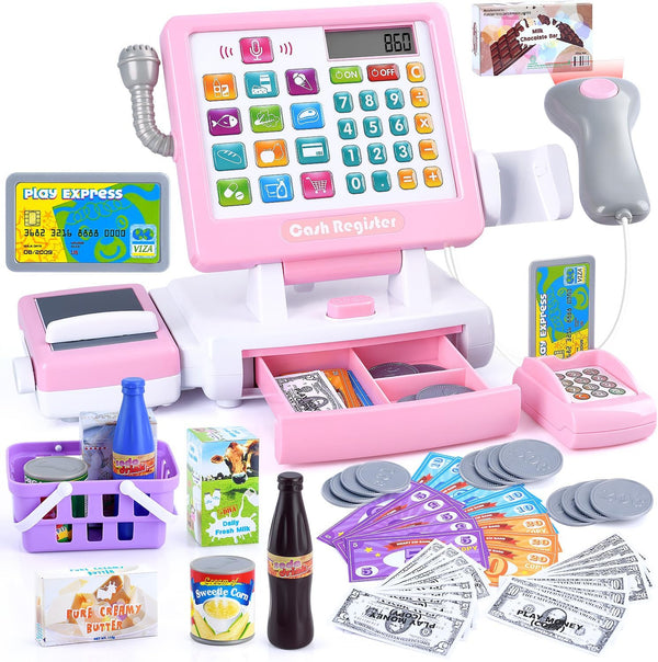 Kids Cash Register Toy - Pretend  Calculator Register Toys with Microphone/Conveyors/ Money/Scanner/Credit Card/Cans/Drink, 3+ Toddler Develops Early Math Skills Learning Toys