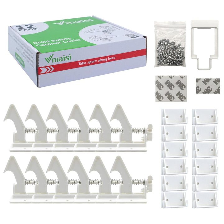 12 Pack Cabinet Locks Child Safety Latches -  Baby Proofing Cabinets Drawer Lock with Adhesive Easy Installation - No Drilling or Extra Screws (White)